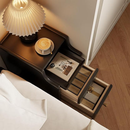 Small Nightstand with Drawers, Solid Wood Bedside Table, Narrow Walnut Nightstand for Bedroom