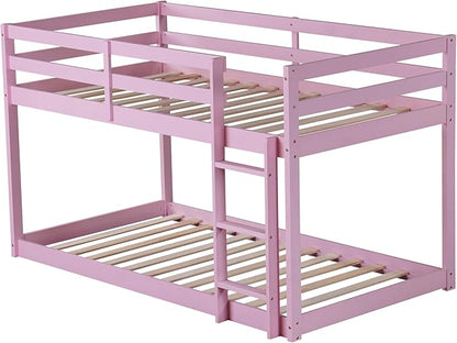 Ball & Cast Bunk Bed Twin Over Twin,Floor Bunk Bed with Ladder,Solid Rubber Wooden Bed Frame w/Full Length Guardrail,for Dormitory, No Box Spring Needed,for Kids Teens,Pink