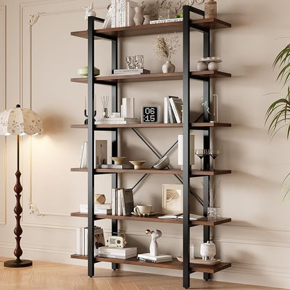 Solid Wood core Industrial Style Bookcase,Bookshelf with 6 Shelves, Walnut Wood and Black Metal Frame, Large Open Storage Display Unit (Dark Walnut, 6 Tiers)
