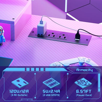 Armocity Pink Gaming Desk with Hutch and LED Lights, 53" Computer Desk with Storage Shelves, Reversible PC Gaming Desk with Pegboard, Gamer Desks for Bedroom, Carbon Fiber Surface