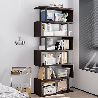 SORCEDAS Bookshelf Geometric Bookcase S Shaped Industrial Bookshelf Storage Display Stand Shelf for Living Room Bedroom and Office Room (Black, 6 Tier)
