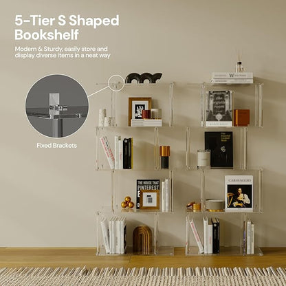 Acrylic Geometric Bookshelf, 5-Tier Clear S Shaped Bookcase, Modern, Unique Book Shelf for Living Room, Bedroom, Office, 9.3" D x 22.4" W x 49.2" H, Easy Assembly