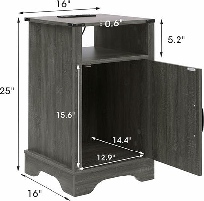 RoyalCraft Nightstand Set of 2, Grey End Table with Charging Station, Tall Farmhouse Bedside Table with Large Storage and Shelf, Wooden Side Table with for Bedroom, Home Office, Dark Grey