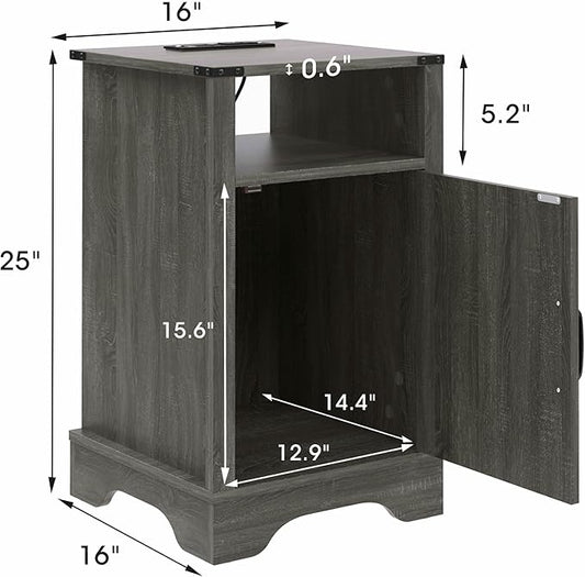 RoyalCraft Nightstand Set of 2, Grey End Table with Charging Station, Tall Farmhouse Bedside Table with Large Storage and Shelf, Wooden Side Table with for Bedroom, Home Office, Dark Grey