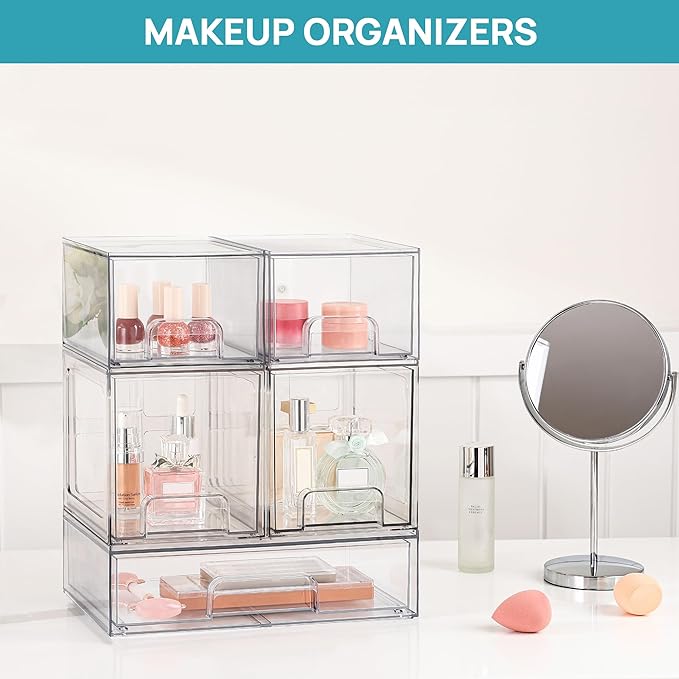 Vtopmart 2 Pack Stackable Storage Drawers, 6.6''Tall Acrylic Bathroom Makeup Organizers,Clear Plastic Storage Bins For Vanity, Undersink, Kitchen Cabinet,Pantry Organization and Storage