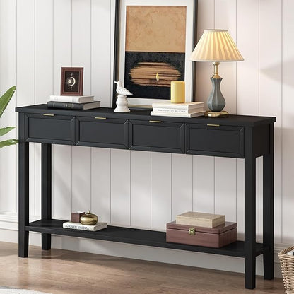 Ball & Cast 60“ Contemporary 4 Drawers Console Table, Long Narrow Entryway-Table with Drawer & Shelf, Modern Storage Sofa Tables, Farmhouse Wood Couch-Tables for Entrance Hallway Living,Black