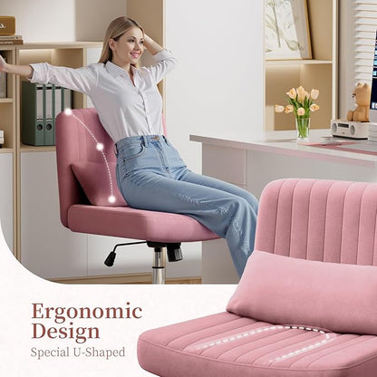 Warmiehomy Criss Cross Office Chair with Wheels, Velvet Cross-Legged Desk Chairs for Home, Height Adjustable Swivel Wide Seat Computer Chair, Modern Armless Vanity Chair for Girls Women, Rose Pink