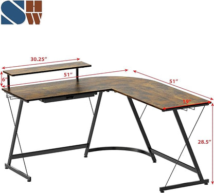 SHW 51 x 51 Inches Vista L-Shaped Desk with Monitor Stand and Drawer, Rustic Brown