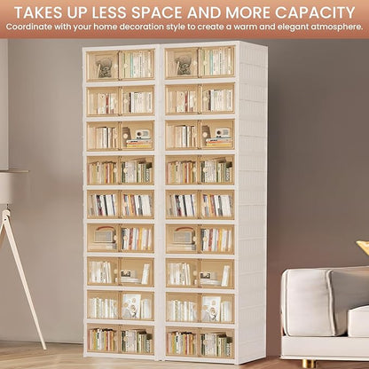 Foldable Shoe Organizer Storage Box, Portable Extra Large Folding Shoe Rack for Closet, Shoe Storage Box with Magnetic Transparent Door and Wheels, 9 Layers 18 Grids for 2 PCS