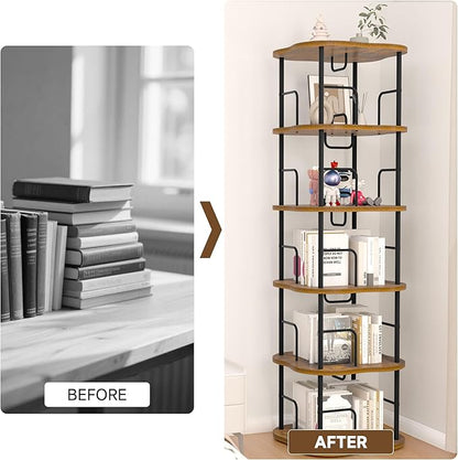 5-Tier Rotating Book Shelf, 360° Display Spinning Bookshelf Tower, Book Organizer, Floor Standing Bookcases for Small Space, Corner Book Shelf for Bedroom, Living Room, Study Room (RUSTIC BROWN)