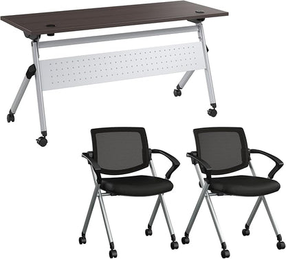 Bush Business Furniture Folding Training Table Set for 2, 60 inch Desk with Powered Grommets and 2 Chairs with Arms, Commercial-Grade Bundle for Office or Classroom, Envision Collection, Gray
