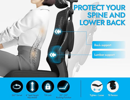 Ergonomic Office Chair - X-Shaped Computer Desk Chair Comfy, Gaming Chair, Office Chair with Lumbar Support, Mesh Office Chairs with Headrests, Desk Chair for Long Hours (Black Silver)