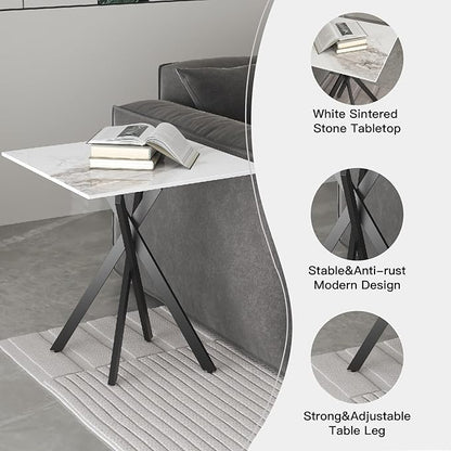 White Marble Side Coffee Table Set of 2 with Metal Legs, Sintered Stone Square Modern Small End Table for Living Room Sofa Table Home Bed Office (2 Pieces, 20"×20"×22")