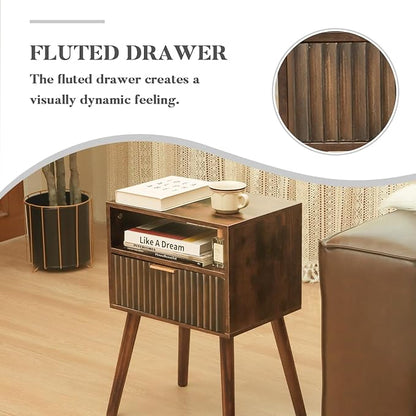 Walnut Nightstand, Wooden Bedside Table with Fluted Drawers and Open Shelf, Night Stand Wood for Bedroom, Dorm and Small Space (Rustic Brown)