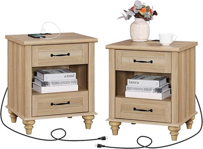 WAMPAT Set of 2 Oak Nightstands Side Tables with Charging Station, Farmhouse End Table with 2 Drawers & Shelf for Living Room, Light Wood Night Stand Bedside Table for Bedroom