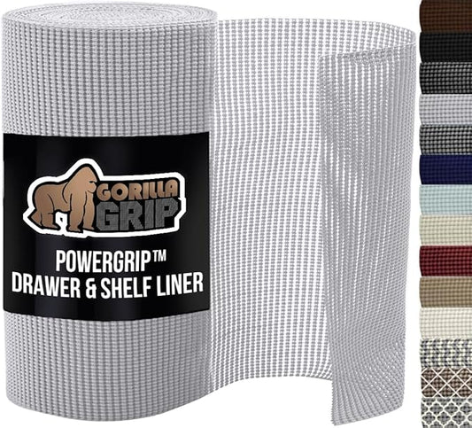 GORILLA GRIP powerGRIP Drawer Shelf and Cabinet Liner, Thick Strong Hold, Non-Adhesive Liners Protect Kitchen Cabinets and Cupboard, Bathroom Drawers, Easy Install, Breathable Mat, 17.5" x20', Lt Gray