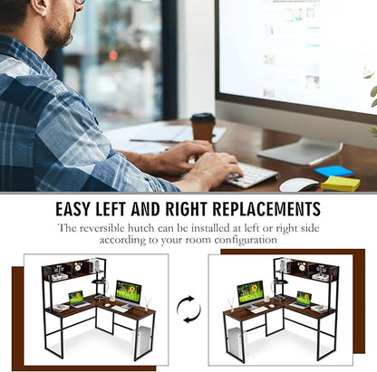 Tangkula Reversible L-Shaped Desk with Hutch, Space Saving Corner Computer Desk with Storage Shelves, Home Office Study Writing Desk Computer Workstation with Storage Bookshelf, Gaming Desk