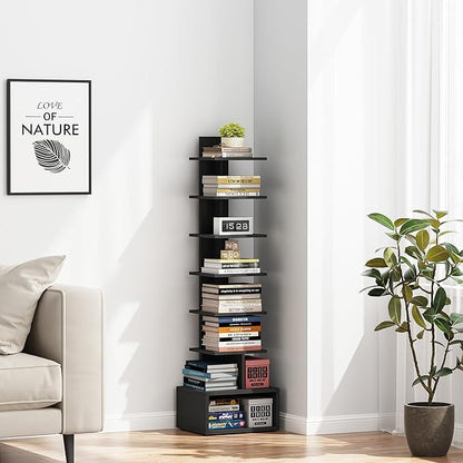 TUTOTAK Narrow Bookshelf, Vertical 8-Tier Bookcase, Spine Book Shelf for Small Space, Small Standing Shelf for Living Room, Office, Study, Entryway, Black BS07BK008