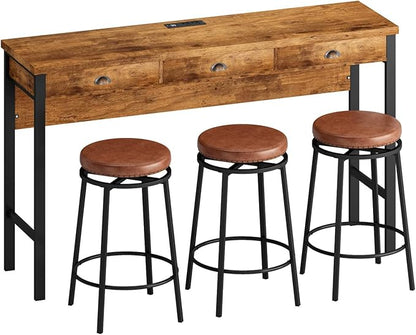 KEIKI 60.24” Long Bar High Top Dining Table and 3 Stools Chairs Set with Drawer & Power Outlet, Wood Behind Couch Sofa Counter Height Pub Furniture for Breakfast, Kitchen Living Party Room, Brown