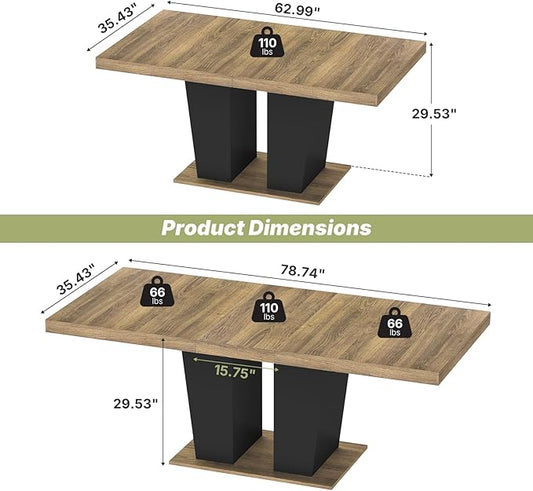 63"-78.7" Expandable Dining Table, 6-10 Rectangle Table, Extendable Console Table, Wooden Farmhouse Kitchen Table with Metal Track & Dual Column Base for Living, Office-Beige Brown