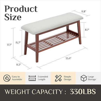 Entryway Shoe Bench, 35.4" Bamboo Bench for Bedroom End of Bed, 2-Tier Shoe Rack with Cushion Padded Seat, Shoe Organizer Stable for Entry Hallway Living Room Bedroom, 35.4"W x11.2"D x 17.7"H