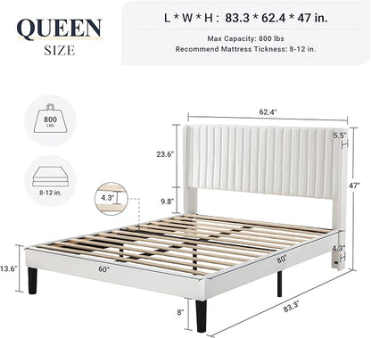 Allewie Queen Size Velvet Bed Frame/Vertical Channel Tufted Wingback Headboard/Upholstered Platform Bed/Strong Wooden Slats/No Box Spring Needed/Easy Assembly/White