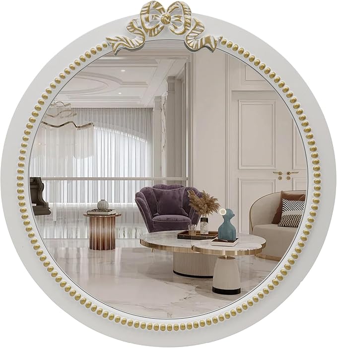 Vintage Round Wall Mirror 28inch Farmhouse Wooden Vanity Mirror for Wall Decor, Decorative Antique White Bathroom Mirrors, Traditional Art Home Decor for Dressing Table, Living Room or Bedroom