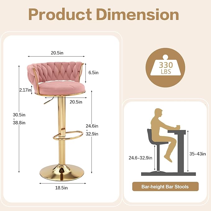 VECELO Bar Stools Set of 2, Adjustable Barstools Counter Height Stools with Back and Arm, Velvet Woven Kitchen Island Stools w/Gold Metal Leg & Base, 360° Swivel Bar Chair, Pink