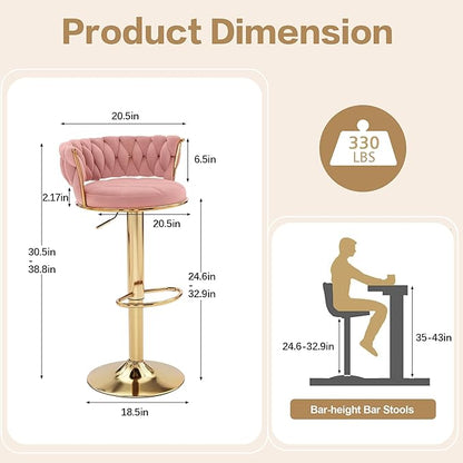 VECELO Bar Stools Set of 4, Adjustable Counter Height Barstools with Back & Arm Rest, Velvet Woven Kitchen Island Stools with Gold Metal Leg & Base, 360 Swivel, Pink