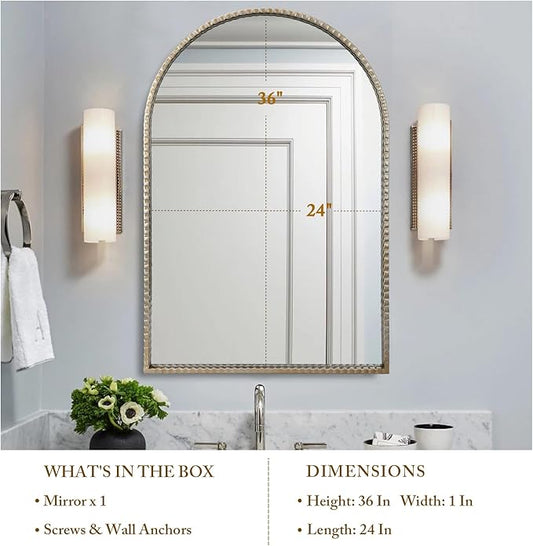 24"x36" Antique Silver Arch Mirror - Retro Distressed Geared Metal Frame Farmhouse Wall Mirror for Bathroom, Living Room, Entryway Hall