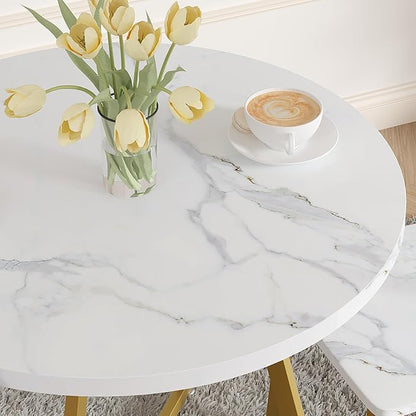VECELO Small Round Dining Table Set for 2, Wood Tabletop with Strong Metal Frame, Modern Dinette with Chairs for Kitchen, Breakfast Nook Living Room, White & Gold