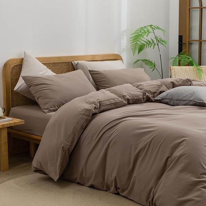 BESTOUCH Duvet Cover Set 100% Washed Cotton Linen Feel Super Soft Comfortable Chic Lightweight 3 PCs Home Bedding Set Solid Pine Bark Brown Full/Double