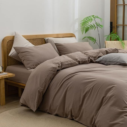 BESTOUCH Duvet Cover Set 100% Washed Cotton Linen Feel Super Soft Comfortable Chic Lightweight 3 PCs Home Bedding Set Solid Pine Bark Brown Cal King