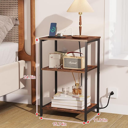 X-cosrack Side Table with Charging Station, End Table with USB Ports and Outlets, Nightstand with Storage Shelves for Small Space, Sofa Couch Table Bedside Table for Living Room Bedroom