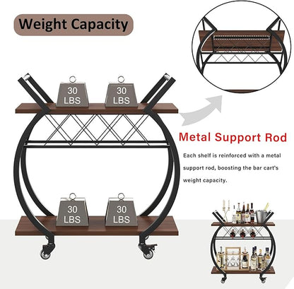 LVB Modern Gold Bar Cart, Industrial Rolling Serving Wine Cart with Wine Rack, Coffee Liquor Drink Cart with Storage and Wheels, Wood and Metal Kitchen Microwave Beverage Cart for Home, Walnut