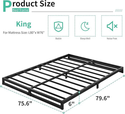 6 Inch King Size Bed Frame Sturdy Mattress Foundation, Heavy Duty Metal Platform with Steel Slats Support No Box Spring Needed, Noise Free, Easy Assembly, Black