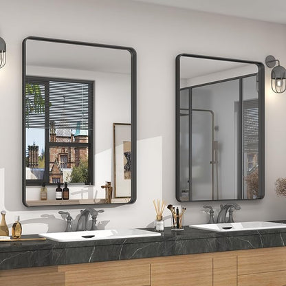 2 Pack of 22x30 Inch Black Metal Framed Bathrrom Mirror, Black Matte Rounded Rectangle Bathroom Vanity Mirror, Anti-Rust, Hangs Horizontally or Vertically