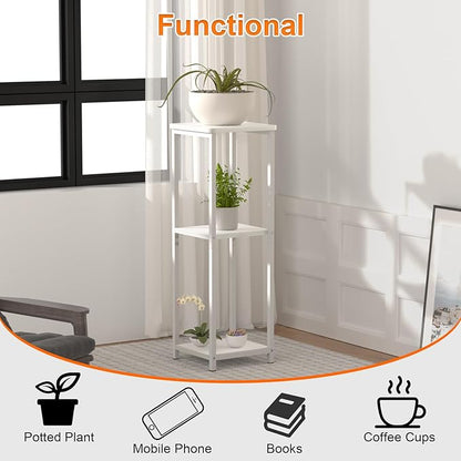 10" Wide Square Drink Table with Adjustable Feet - 3-Tier Small Side Table for Apartments, Balcony & Office | Space-Saving, Lightweight & Multi-Functional (Plants, Books, Drinks, White)
