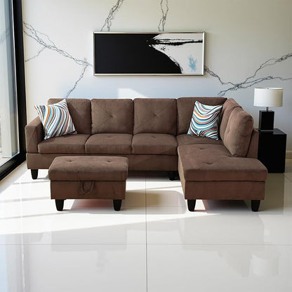 Couches for Living Room Modern L Shaped Couch Comfy Sackcloth Fabric 3 Pieces Sectional Sofa with Chaise, Ottoman with Storage for Office and Small Apartment, Brown