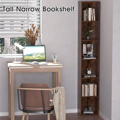 Tall Narrow Bookshelf 6-Tier Bookcase,70.5" Skinny Thin Corner Shelf Slim Storage Cabinet,Wood DVD CD Media Cube Organizer Tower Rack for Small Spaces, Bedroom, Living Room, Office,Brown
