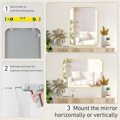 22x30 Inch Bathroom Mirror for Wall,Matte Gold Framed Rectangle Mirror with Rounded Corner,Aluminum Alloy Framed Brushed Wall Mirror for Bedroom or Living Room,Vertical or Horizontal