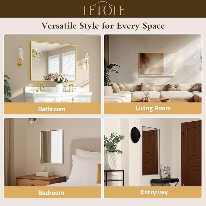 TETOTE Brushed Gold Frame Mirror for Bathroom Wall 48" x 30" Brushed Brass Beveled Rectangle Bathroom Vanity Mirror for Over Sink, Bedroom, Entryway, Living Room, Tempered Glass, Stronger Frame