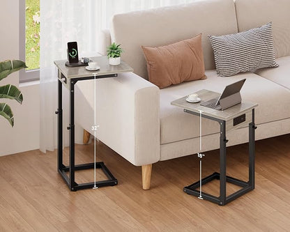 Vagusicc C Shaped End Table with Charging Station, 33" Tall Side Table for Couch, C Table Adjustable Height Small Couch Side Table, Slide Under Sofa Table TV Tray Table for Living Room, Bedroom, Grey