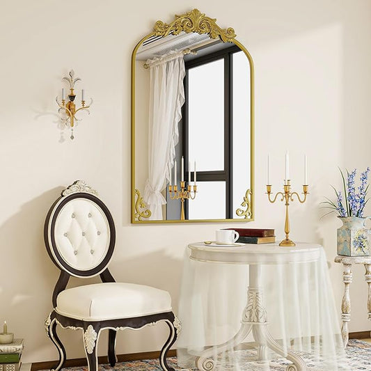 24x36 inch Vintage Arched Bathroom Mirror - Gorgeous Wall Vanity Mirror with Beautiful Retro Top and Bottom Engraving Process Frame for Entryway Hallway Living Room, Gold