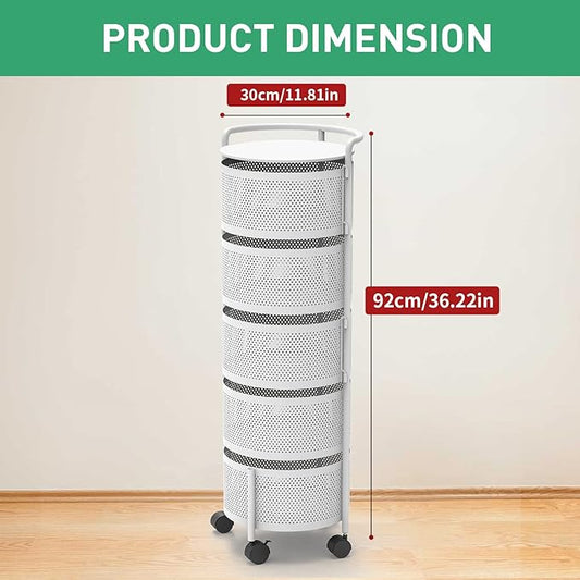 JAQ Rotating Fruit Basket, 5-Tier Metal Sturdy Kitchen Storage Rack Carts No Assembly on Rolling Wheels for Fruit Vegetable Grocery Corns Potato Onion in Bathroom(White, 5-Tier)