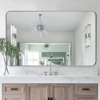 Brushed Nickel Bathroom Mirror, 24x40 Rounded Rectangle Mirror Modern Bathroom Vanity Mirror with Rustproof Alloy Aluminum Frame, Wall Mounted Vertically/Horizontally