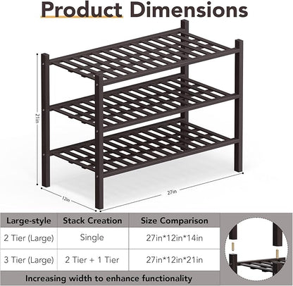 Haddockway Large 3 Tier Bamboo Shoe Rack Storage Organizer, Multifunctional Free Standing Stackable Shoe Shelf with Grid Panel for Closet,Hallway,Entryway,Small Space 27"x12"x21"(Brown, 3-Tier(Large))