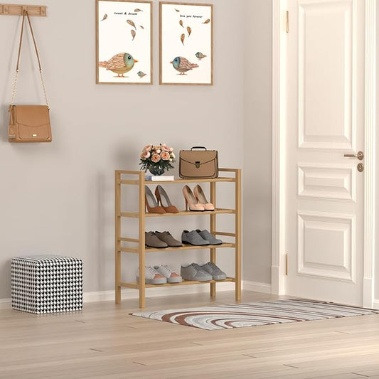 Haddockway Bamboo Shoe Rack for Closet, Free Standing Shoe Organizer with Smooth Round Rods & Convenient Handles, Stackable Shoe Storage Shelf for Entryway, Hallway(Natural, 4-Tier(Small))