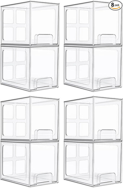 Vtopmart 8 Pack Stackable Under Sink Organizer Drawers, Clear Acrylic Storage Bins for Kitchen and Bathroom Cabinets, Baby Bottles, Cleaning Supplies, 6.6'' Tall Space-Saving Drawer System