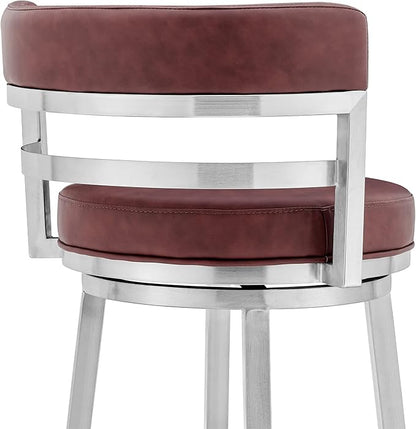 Armen Living Titana 26" Counter Height Swivel Red Faux Leather and Brushed Stainless Steel Bar Stool